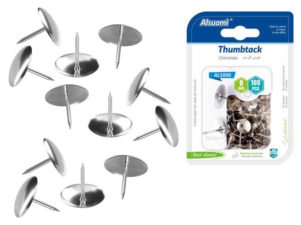 Кнопки канцелярські металеві Thumbtack AL1000, 9 мм, 100 шт, срібні