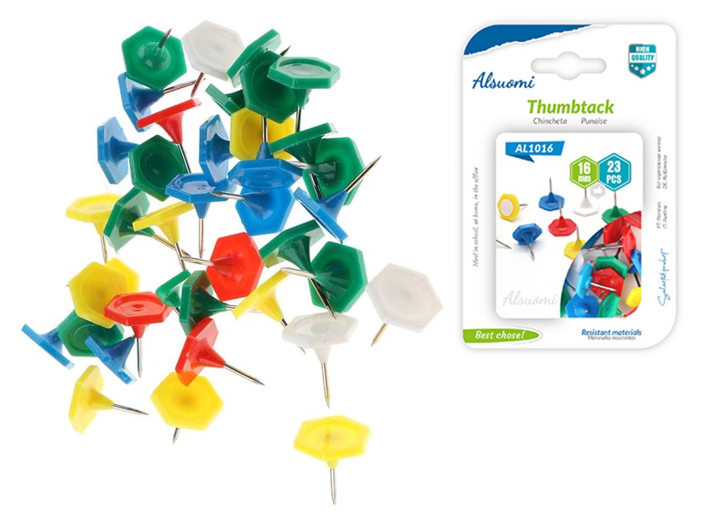 Кнопки канцелярские шестигранные Alsuomi Thumbtack, 16 мм, набор 23 шт