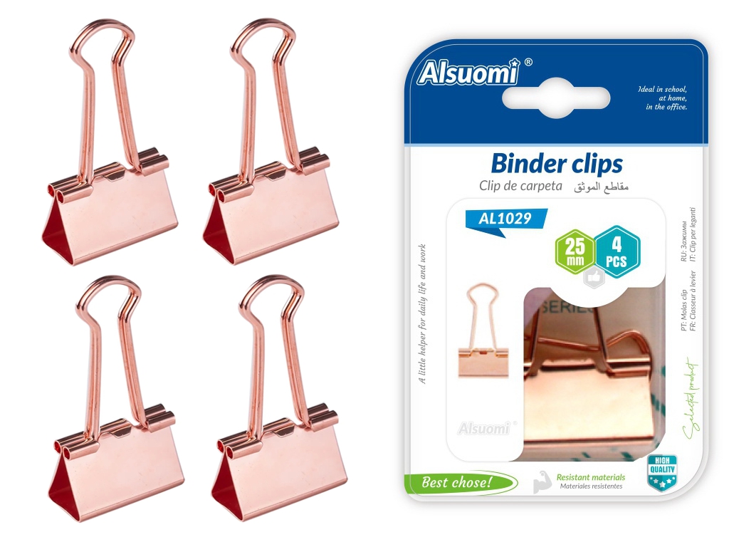 Зажим для бумаги Binder 25 мм, розовое золото, 4 шт