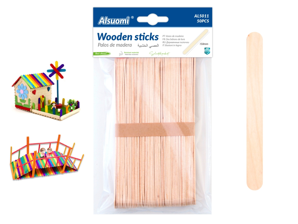 Деревянные палочки для творчества Wooden Sticks, 150 мм, набор 50 шт, Alsumi