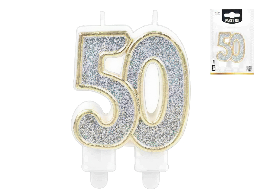 Свеча для торта цифра "50", серебряная с блестками, 7,5 см