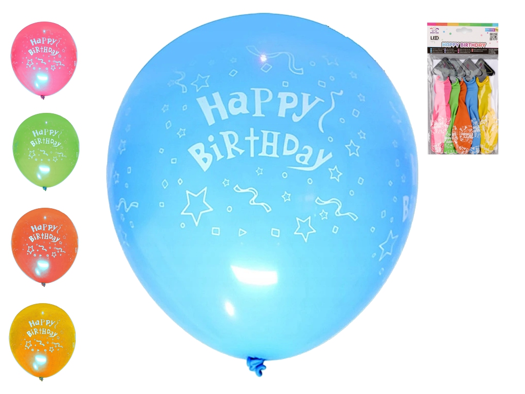 Набор светодиодных воздушных шаров Happy Birthday, 30 см, микс цветов, 5 шт