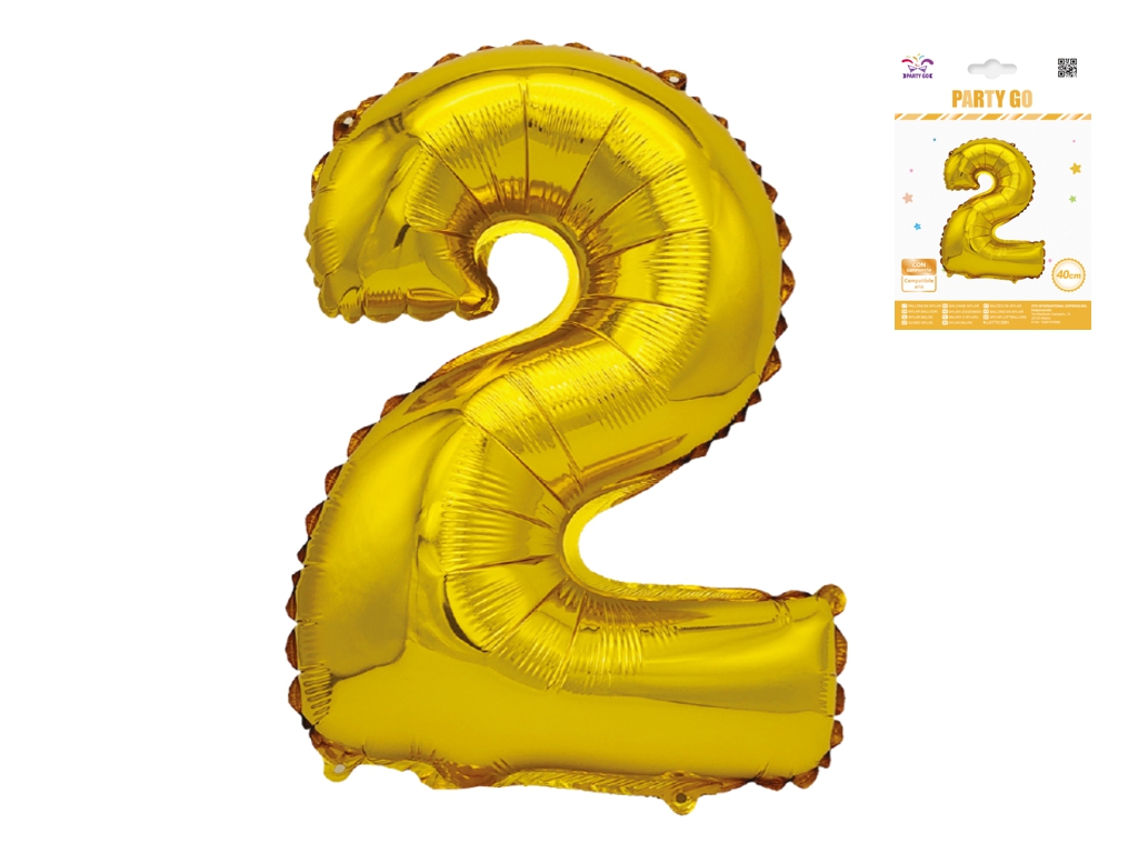 Шар фольгированная цифра 2 Party Go 40 см, самодержащаяся форма, золотая