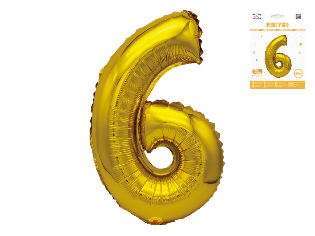 Шар фольгированная цифра 6 Party Go 40 см, самодержащаяся форма, золотая