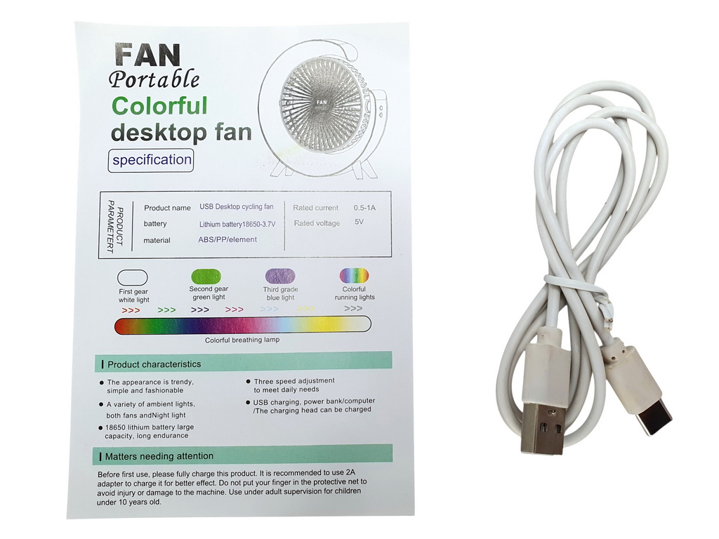 Вентилятор настольный аккумуляторный USB 24 см, с LED-подсветкой, Fan Music