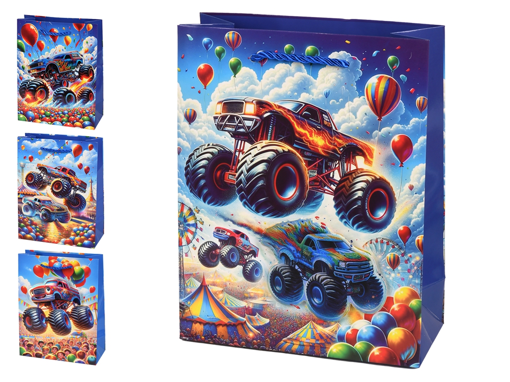 Пакет подарунковий паперовий Monster Truck 3D M, 26×32×10 см, мікс видів