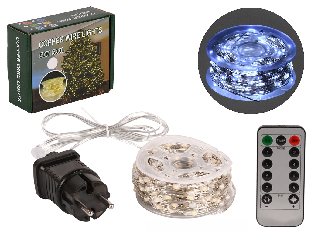Гирлянда светодиодная белая Роса белая проволока с пультом 50м 500led, R33985-3
