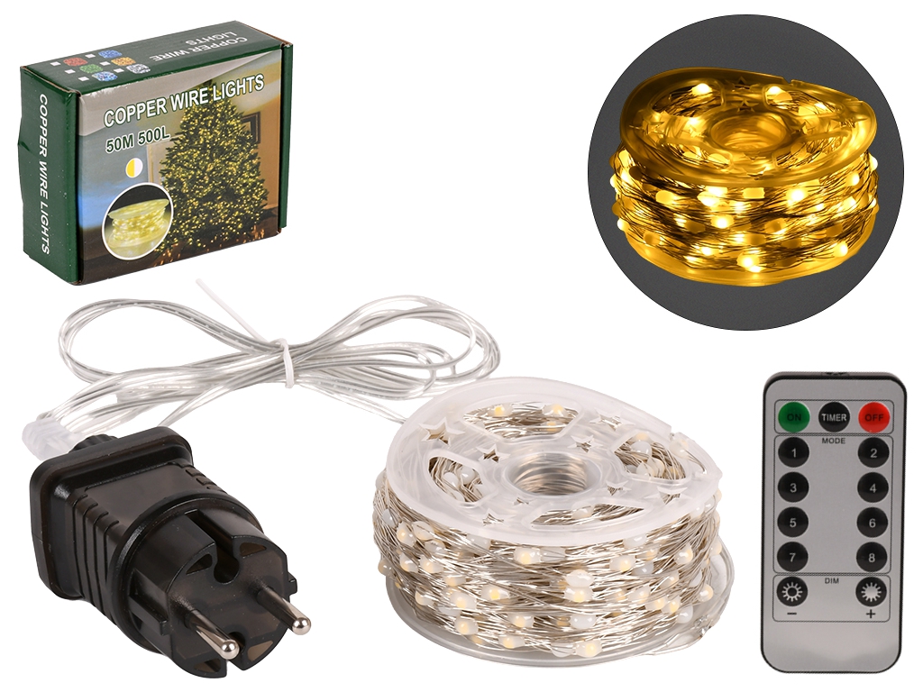 Гірлянда світлодіодна жовта Роса білий дріт на пульті 50м 500led, R33987-4