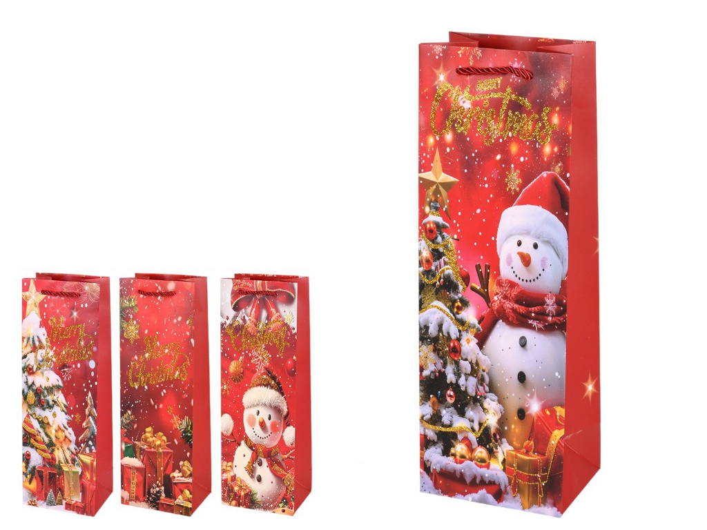 Пакет новорічний паперовий під пляшку Merry Christmas 12х9х35см, R34467