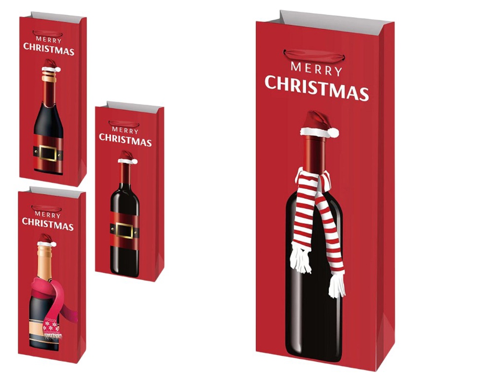 Пакет новорічний паперовий під пляшку Merry Christmas 12,8х8,4х36см, R96599
