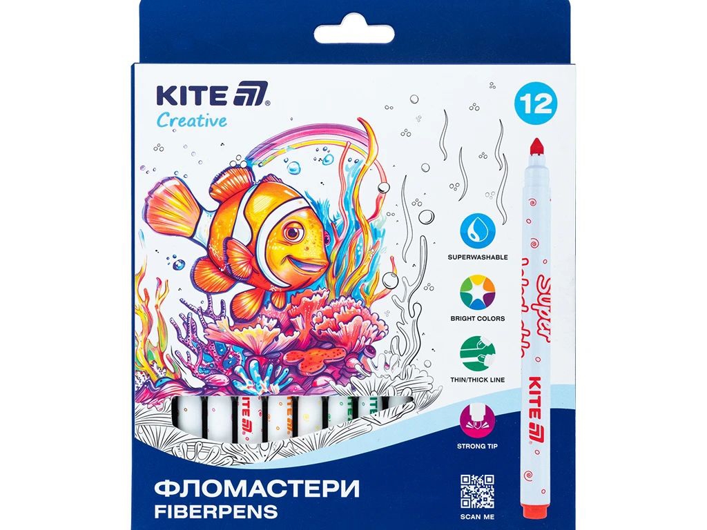 Фломастеры Creative Superwashable 12 цветов, Kite