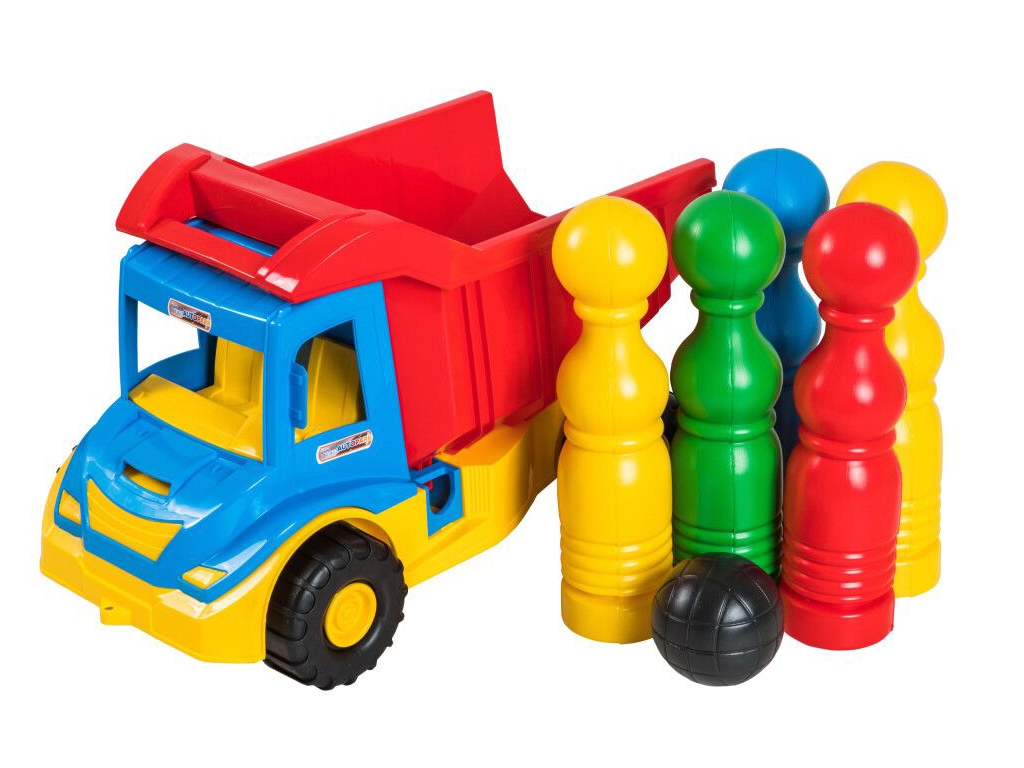 Машинка вантажівка рухомий кузов Multi Truck 39220 40 см, з кеглями, Tigres
