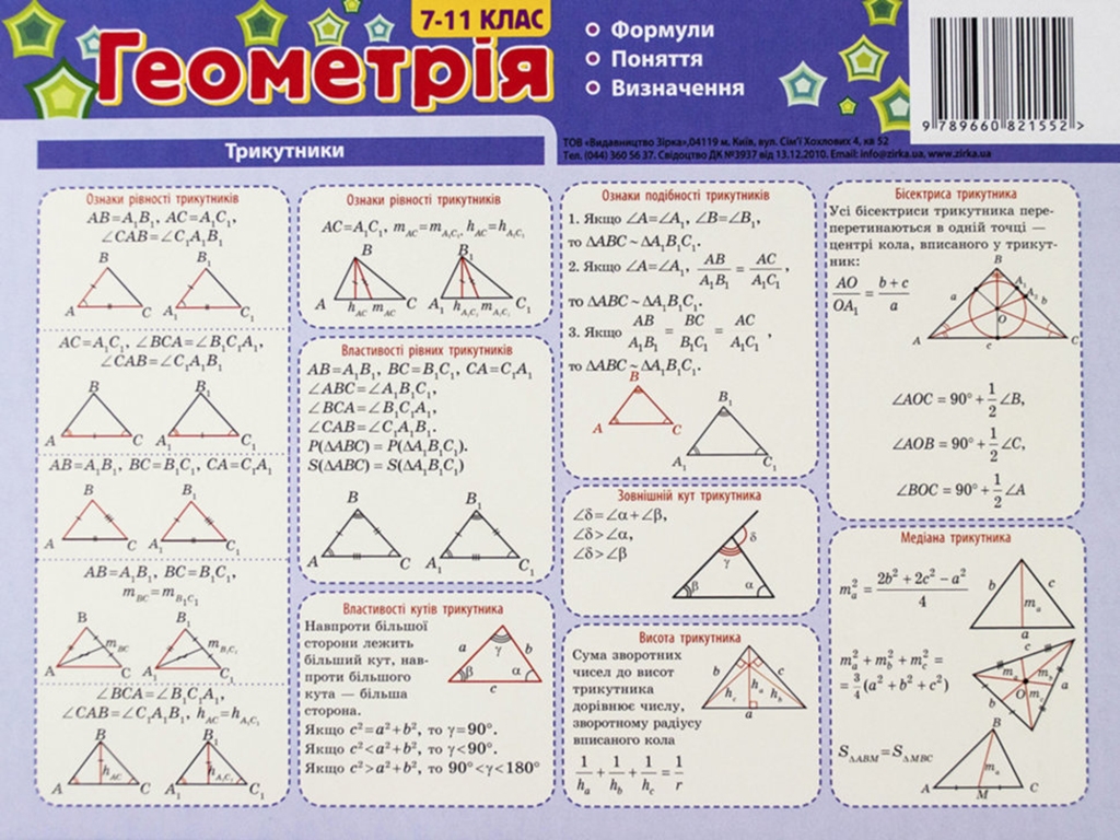 Картонка-подсказка Геометрия 7-11 класс 20Х15 см. ZIRKA 66447