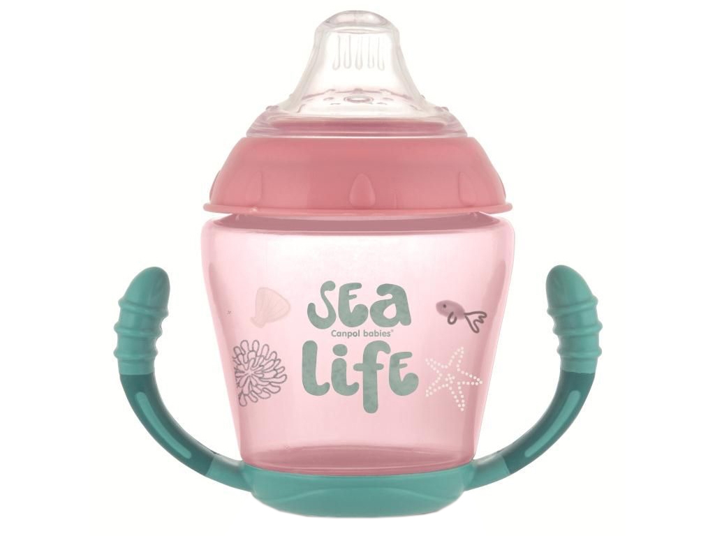 Кружка непроливайка с мягким силиконовым носиком 230 мл Sea Life – розовая. Canpol Babies 56/501_pin