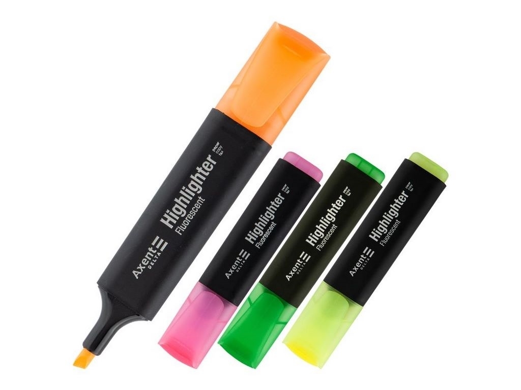 Маркер клиновидный Highlighter Delta, набор 4 цвета, водные чернила, Axent