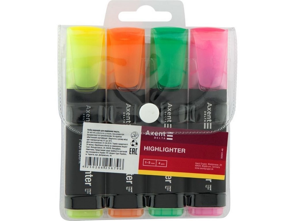 Маркер клиновидный Highlighter Delta, набор 4 цвета, водные чернила, Axent