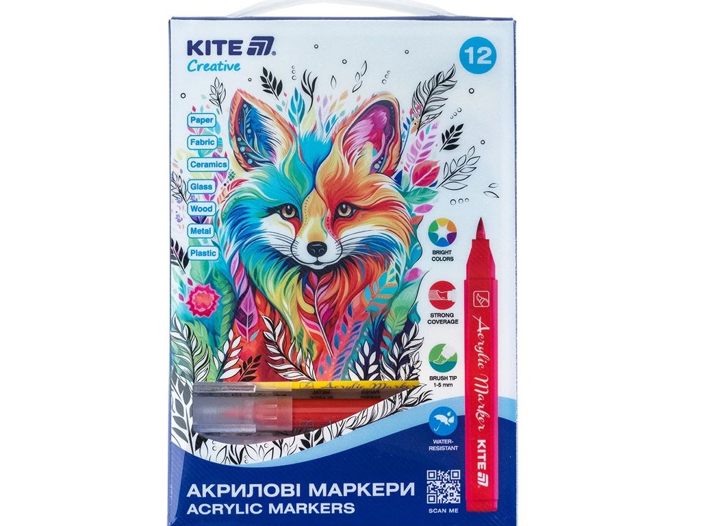 Маркеры-кисти акриловые Creative, набор 12 цветов, для разных поверхностей, Kite