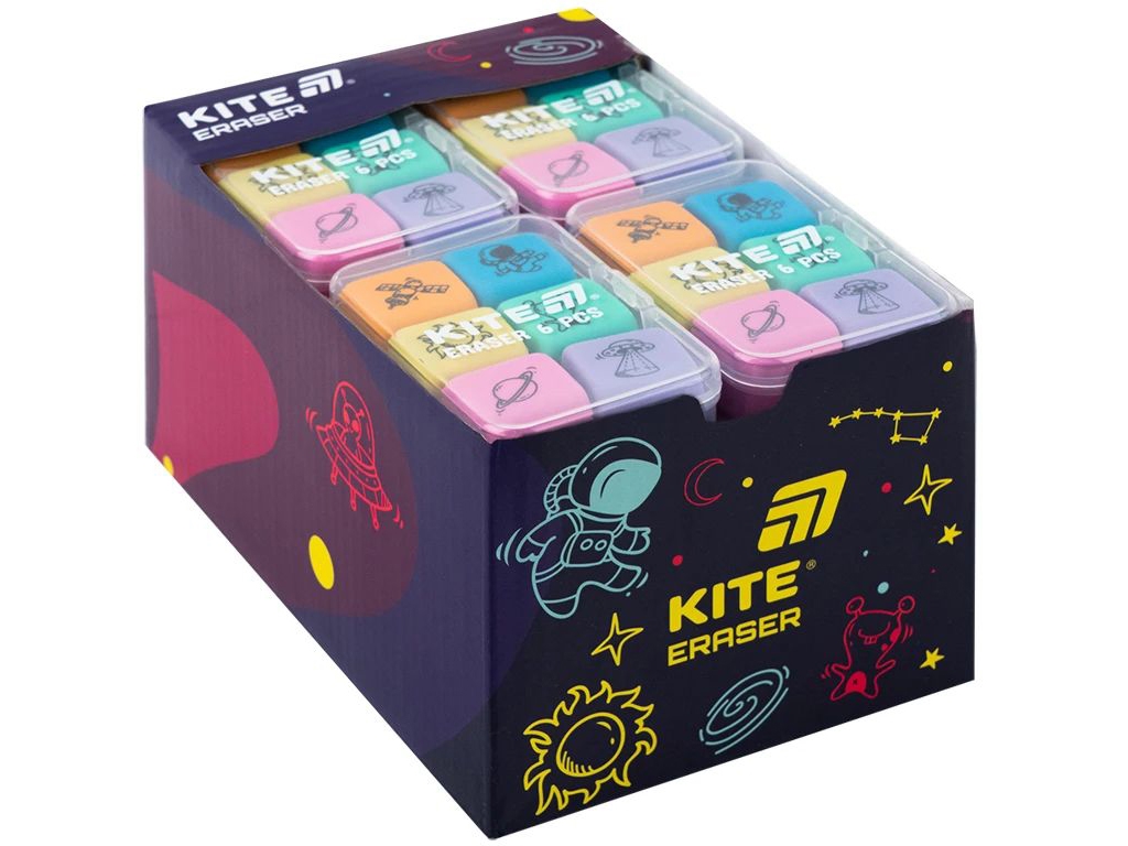 Набір гумок у пластиковому боксі Space 6 шт, Kite