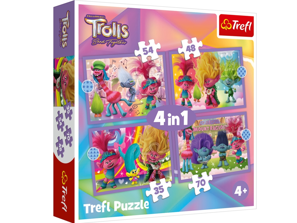 Пазли 4в1 Пригоди кольорових тролів, Trefl