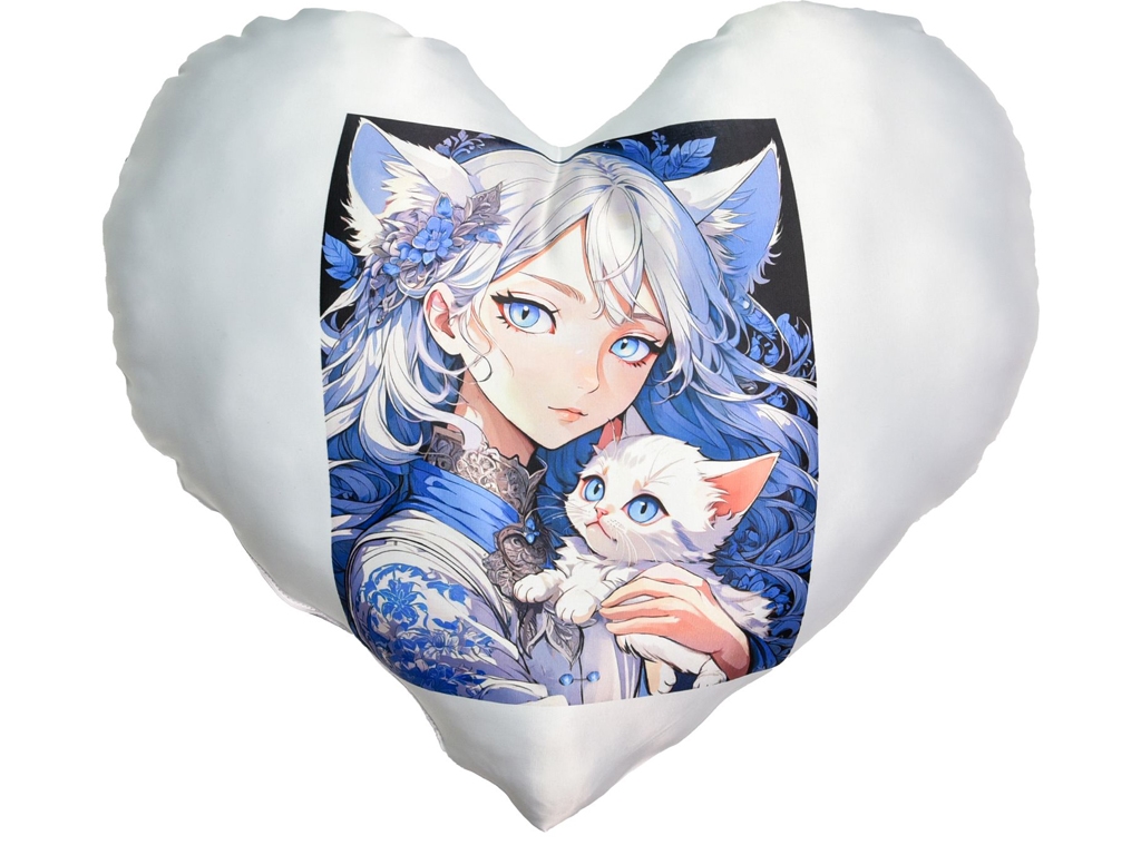 Подушка декоративная с сублимацией Anime девушка с котёнком, 45x40 см, форма сердца, Strateg