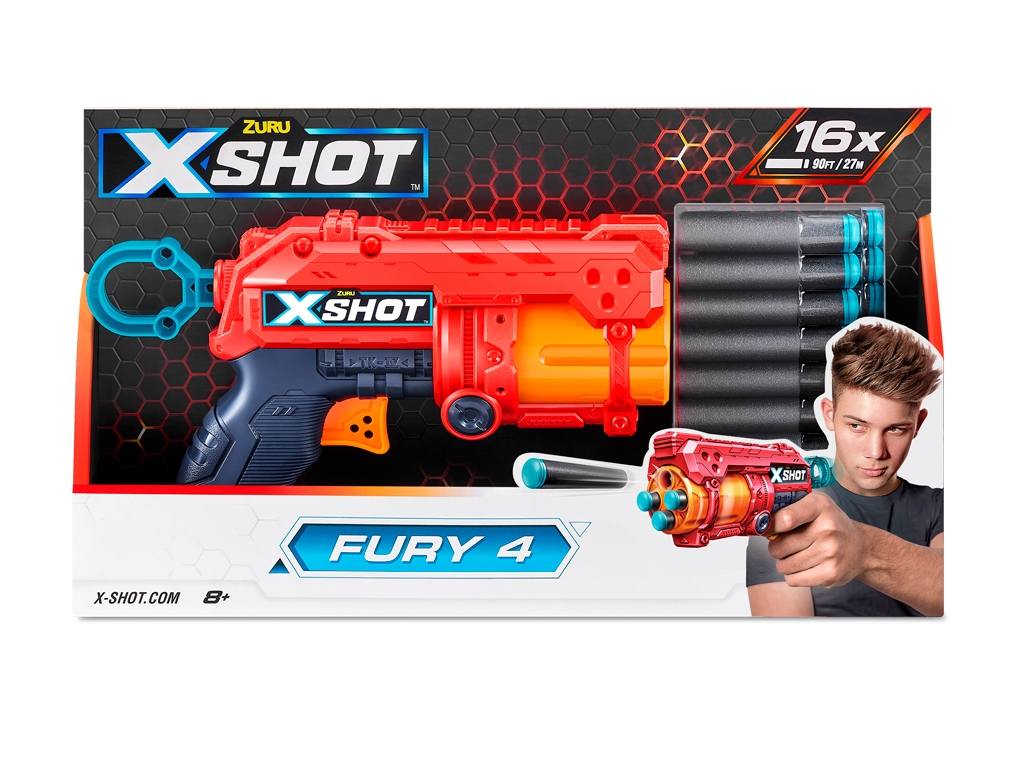 Быстрострельный бластер игрушечный X-Shot Red EXCEL FURY 4. 16 патронов. Zuru 36377R