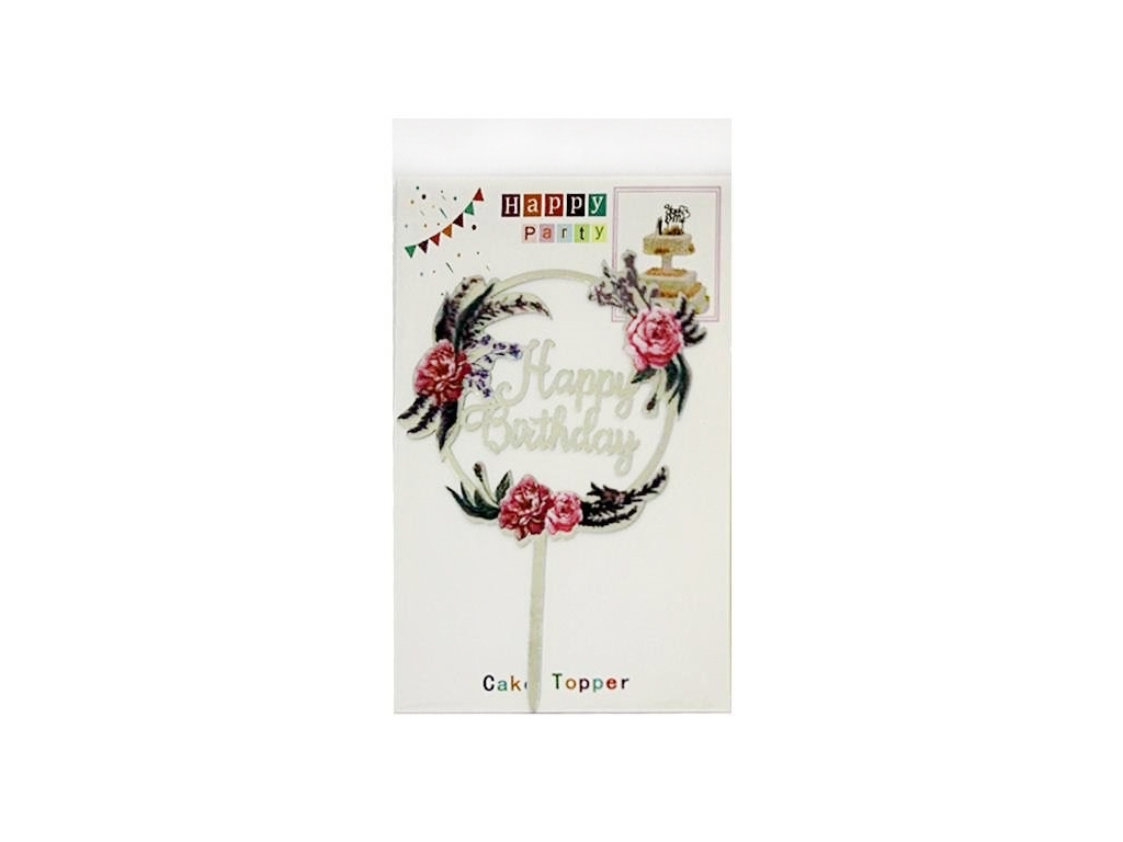 Топер для торта Happy Birthday с цветочным веночком, 10136