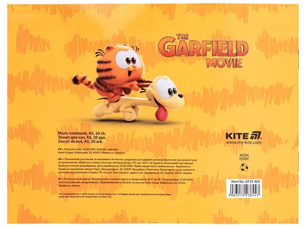 Зошит для нот Garfield THEATRICAL А5, 20 аркушів, Kite